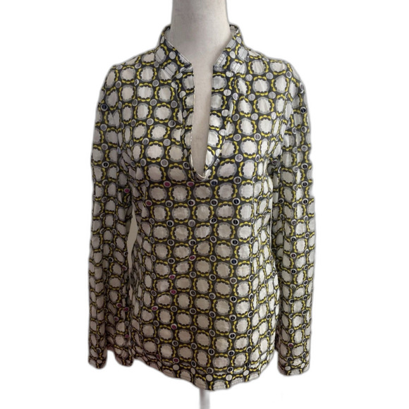 Tory Burch Stephanie Tunic Top Geometric Gray Yellow White Size 4 - Picture 1 of 10
